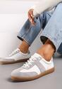 Biało-Szare Sneakersy na Płaskiej Podeszwie ze Skóry Naturalnej Ozdobione Przeszyciami Milirea