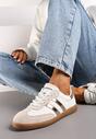 Biało-Złote Sneakersy ze Skóry Naturalnej na Płaskiej Podeszwie Wykończone Paskami Navinda