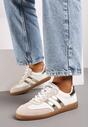 Biało-Złote Sneakersy ze Skóry Naturalnej na Płaskiej Podeszwie Wykończone Paskami Navinda