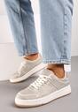Beżowe Sneakersy na Płaskiej Podeszwie Wykończone Cyrkoniami Vlisina