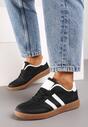 Czarne Casualowe Sneakersy na Płaskiej Podeszwie ze Sznurowaniem Ozdobione Paskami Evilene