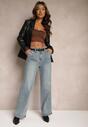 Jasnoniebieskie Bawełniane Szerokie Jeansy High Waist Ozdobione Paskiem Terilainas