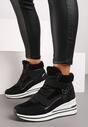 Czarne Sneakersy na Koturnie z Metalicznymi Wstawkami i Sztucznym Futerkiem Lerilanes