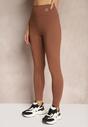 Brązowe Sportowe Legginsy High Waist z Małym Ozdobnym Znaczkiem Lerilane
