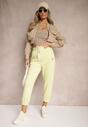 Jasnożółte Spodnie High Waist Dresowe Bawełniane ze Sznurkiem w Pasie i Małą Naszywką Lerianns