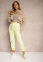 Jasnożółte Spodnie High Waist Dresowe Bawełniane ze Sznurkiem w Pasie i Małą Naszywką Lerianns