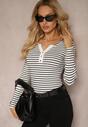 Biała Bawełniana Bluzka Longsleeve w Paski z Prążkowanego Materiału z Guzikami Temida