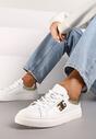 Biało-Złote Sneakersy na Płaskiej Podeszwie ze Skóry Naturalnej z Aplikacją 3D Milisea