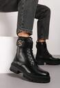 Czarne Płaskie Botki w Stylu Workerów Ozdobione Aplikacją i Paskiem na Rzep Anselene