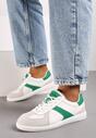 Biało-Zielone Sneakersy ze Skóry Naturalnej na Płaskiej Podeszwie z Ozdobnymi Przeszyciami Verima