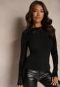 Czarna Bluzka z Welurowymi Rękawami i Siateczką przy Dekolcie Naonise
