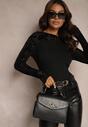 Czarna Bluzka z Welurowymi Rękawami i Siateczką przy Dekolcie Naonise