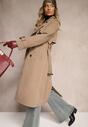 Ciemnobeżowy Dwurzędowy Płaszcz Trencz z Paskiem w Talii Mailaine