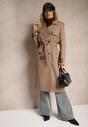 Ciemnobeżowy Dwurzędowy Płaszcz Trencz z Paskiem w Talii Mailaine