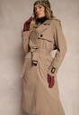 Ciemnobeżowy Dwurzędowy Płaszcz Trencz z Paskiem w Talii Mailaine