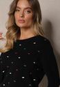 Czarny Elegancki Sweter z Delikatnymi Haftowanymi Zdobieniami z Przodu Reriala