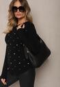 Czarny Elegancki Sweter z Delikatnymi Haftowanymi Zdobieniami z Przodu Reriala