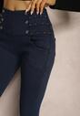 Granatowe Spodnie Skinny High Waist z Gumką w Talii Nitami i Ozdobnymi Guzikami Ciandora