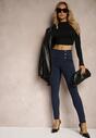 Granatowe Spodnie Skinny High Waist z Gumką w Talii Nitami i Ozdobnymi Guzikami Ciandora