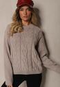 Szary Sweter z Wełną Ozdobnym Splotem i Ściągaczem Nariae