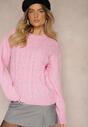 Różowy Sweter z Wełną Ozdobnym Splotem i Ściągaczem Nariae