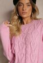 Różowy Sweter z Wełną Ozdobnym Splotem i Ściągaczem Nariae