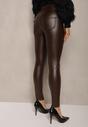 Brązowe Legginsy z Ekoskóry High Waist z Imitacjami Kieszeni Salabria