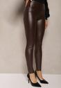 Brązowe Legginsy z Ekoskóry High Waist z Imitacjami Kieszeni Salabria