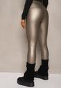 Srebrne Legginsy z Imitacji Skóry High Waist z Polarem Selabra