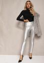 Srebrne Legginsy z Imitacji Skóry High Waist Noriel