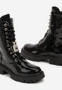 Czarne Botki Workery na Grubej Podeszwie Ozdobione Lakierowanym Połyskiem i Cyrkoniami Deloriana