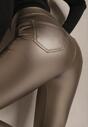Złote Legginsy z Imitacji Skóry High Waist Ozdobione Wsuwanymi Kieszeniami Valerievia