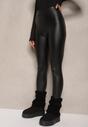 Czarne Legginsy z Imitacji Skóry High Waist Ozdobione Wsuwanymi Kieszeniami Valerievia