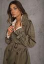 Zielony Oversizowy Płaszcz Trencz o Dwurzędowym Kroju z Paskiem Darinella