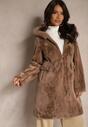 Brązowy Płaszcz Futerkowy o Prostym Kroju z Kapturem Zapinany na Suwak Hedilira
