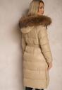 Beżowa Kurtka Pikowana o Długim Kroju z Kapturem Wiązana w Pasie z Odpinanym Futerkiem Phorira