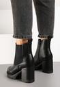 Czarne Botki Sztyblety na Słupku Ozdobione Elastyczną Wstawką Rearia