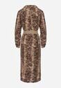 Brązowa Sukienka z Wiskozy o Koszulowym Kroju z Paskiem Zdobiona Wężowym Printem Norinna