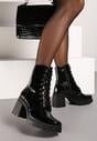 Czarne Sznurowane Botki Lakierowane Workery na Słupku Leoera