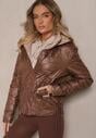 Brązowa Pikowana Kurtka ze Ściągaczami u Dołu i Kapturem z Możliwością Odpięcia Jackirina