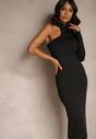 Czarna Koktajlowa Sukienka Bodycon Asymetryczna z Jednym Rękawem Lissain
