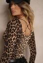 Brązowa Bluzka w Panterkę z Wiskozą o Krótkim Kroju z Marszczeniem i Kwadratowym Dekoltem Cedissa
