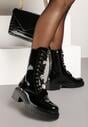 Czarne Płaskie Sznurowane Botki Workery Ozdobione Cyrkoniami Niathria