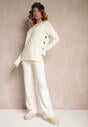 Jasnobeżowy Komplet z Wiskozą i Bawełną Szerokie Spodnie i Sweter ze Ściągaczami i Guzikami Sassizia