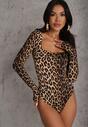 Brązowe Body w Panterkę z Kwadratowym Dekoltem i Długim Rękawem Gazzla