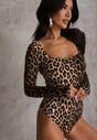 Brązowe Body w Panterkę z Kwadratowym Dekoltem i Długim Rękawem Gazzla