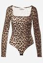 Brązowe Body w Panterkę z Kwadratowym Dekoltem i Długim Rękawem Gazzla