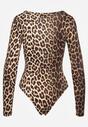 Brązowe Body w Panterkę z Kwadratowym Dekoltem i Długim Rękawem Gazzla