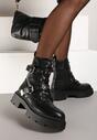 Czarne Płaskie Sznurowane Botki w Stylu Workerów Ozdobione Klamrami Esarinta