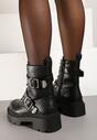 Czarne Płaskie Sznurowane Botki w Stylu Workerów Ozdobione Klamrami Esarinta